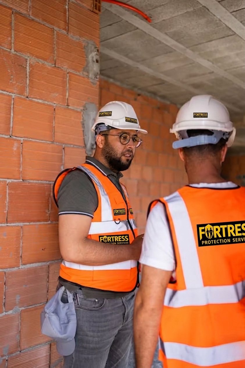 Two construction workers in safety vests and hard hats discuss in a brick-walled area. One listens attentively, conveying a focused, collaborative mood.