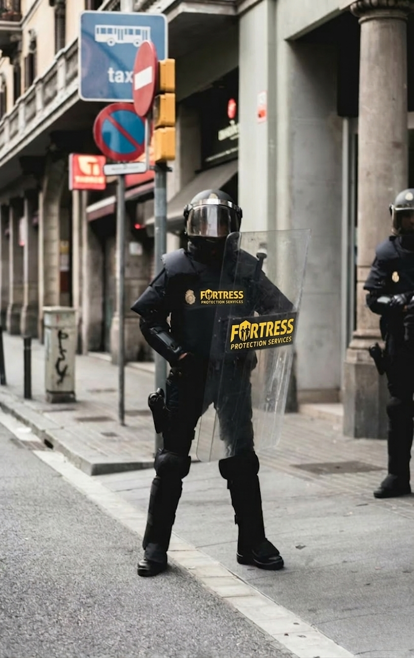 A security officer in riot gear stands alert on a city street holding a transparent shield labeled "Fortress Protection Services," conveying preparedness.