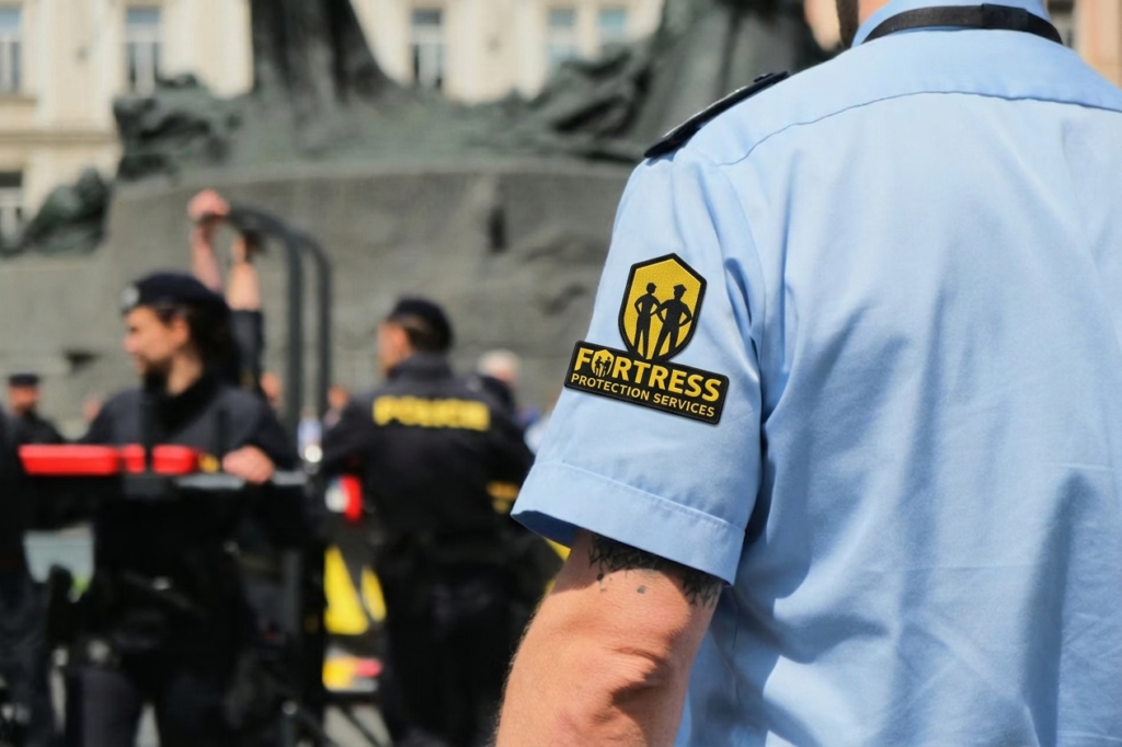 Security personnel in blue uniforms with "Fortress Protection Services" logo on the sleeve stand in a public area, creating a vigilant and secure atmosphere.